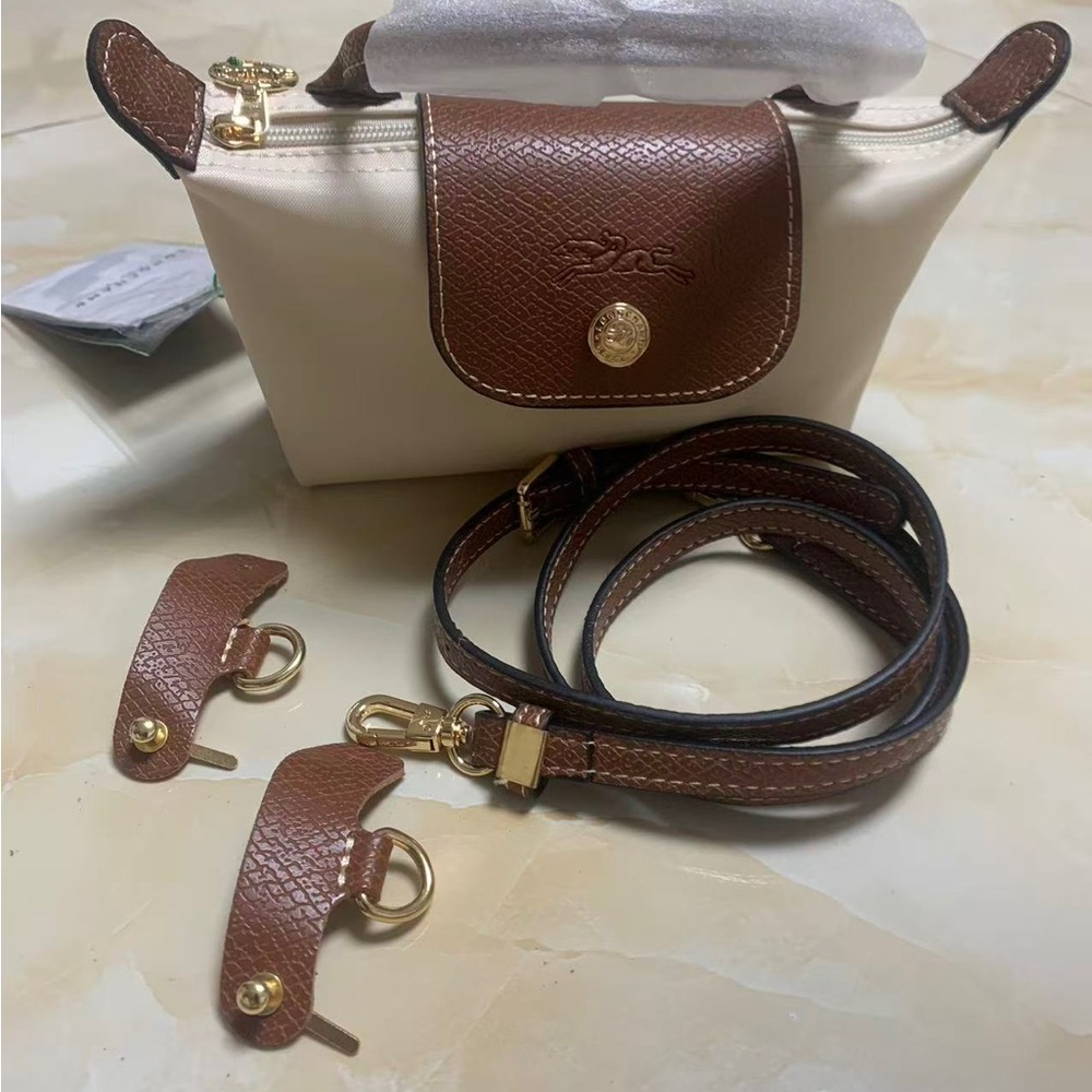 Longchamp Cream and Brown Crossbody Bag with Removable Strap